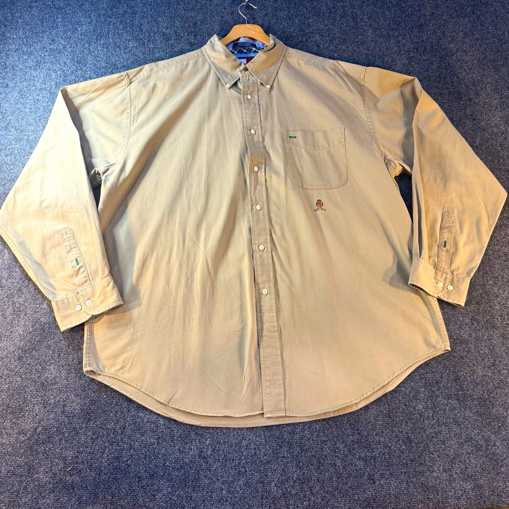Vintage Tommy Hilfiger Shirt Mens XL Khaki Crest Logo Button Down 90s